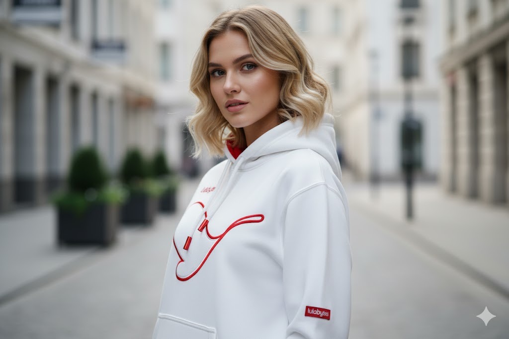 Lulabytes white hoodie on model in the street, 16:9