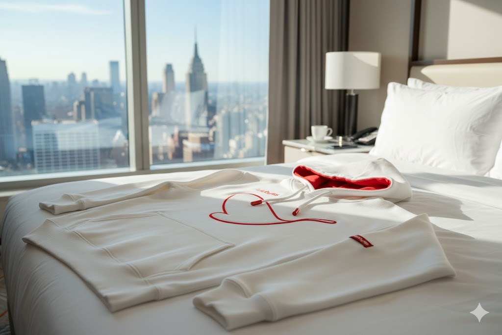 Lulabytes white hoodie on hotel bed, 16:9