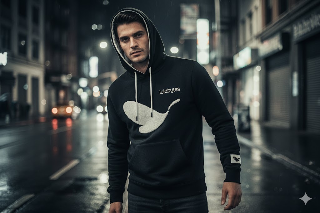 Lulabytes black hoodie on model in the street at night, 16:9