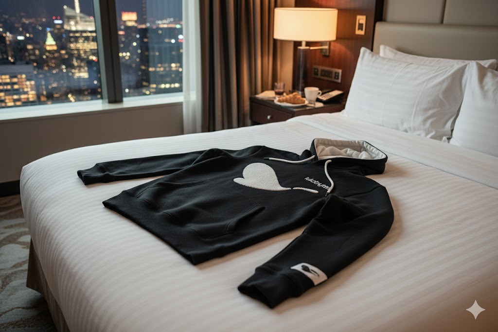 Lulabytes black hoodie on hotel bed, 16:9