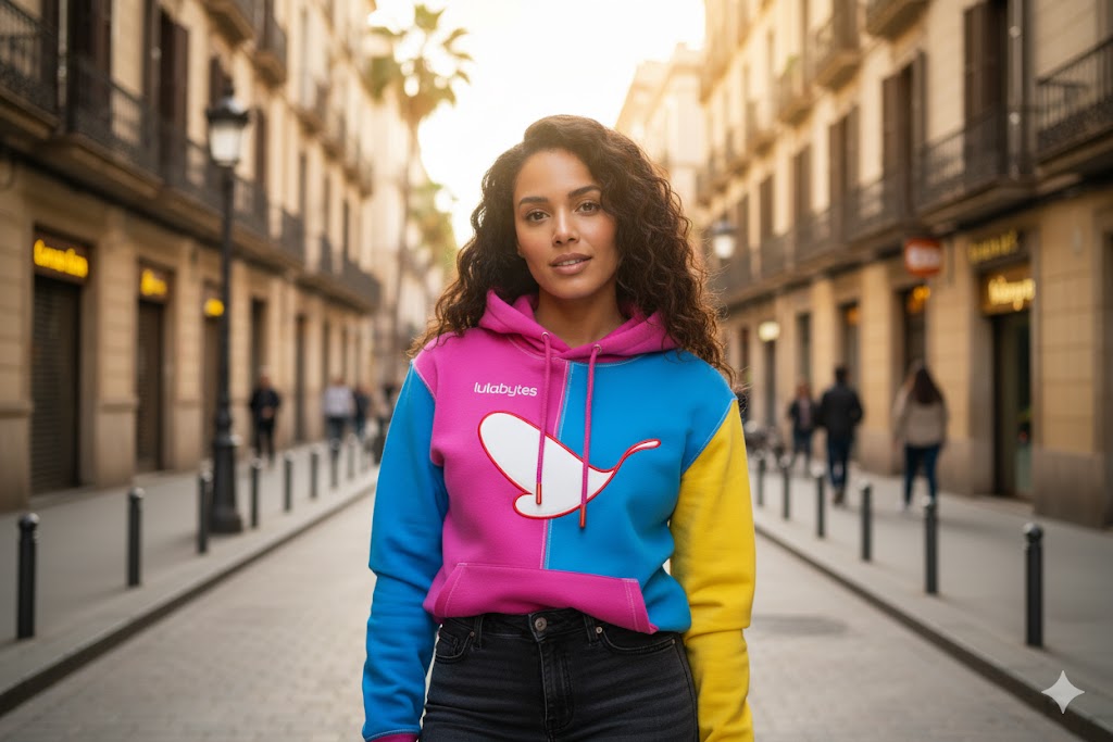 Lulabytes colorful hoodie on model in the street, 16:9