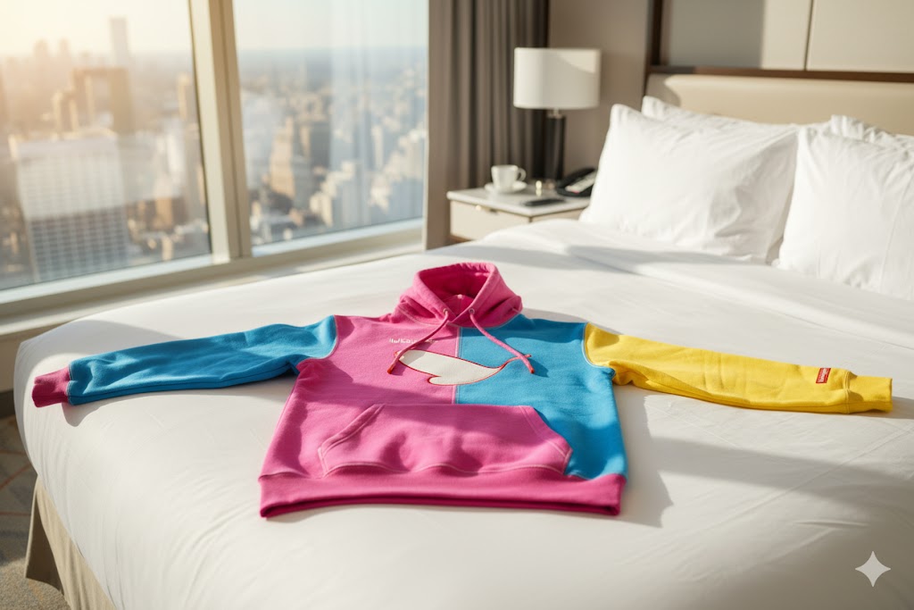Lulabytes colorful hoodie on hotel bed, 16:9